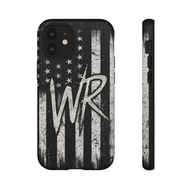 Patriotic monogram tough phone case featuring a distressed American flag design with the letters WR.