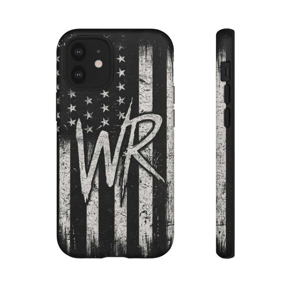 Patriotic monogram tough phone case featuring a distressed American flag design with the letters WR.