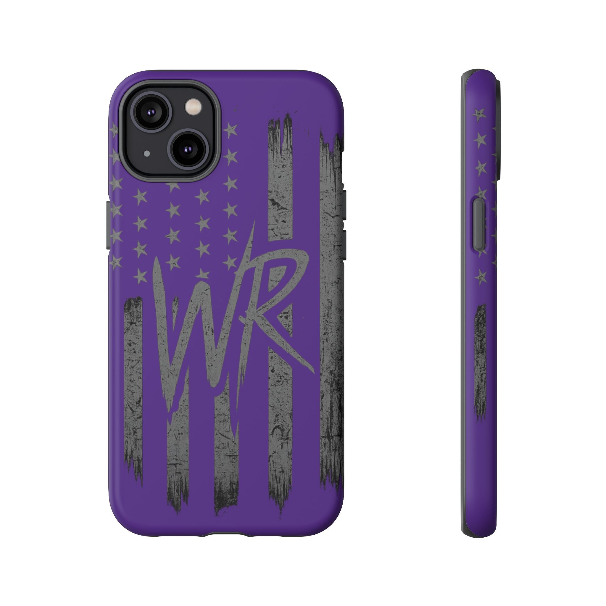 Purple 'WR' flag tough phone case by Printify, showcasing durable design and vibrant colors for protection and style.