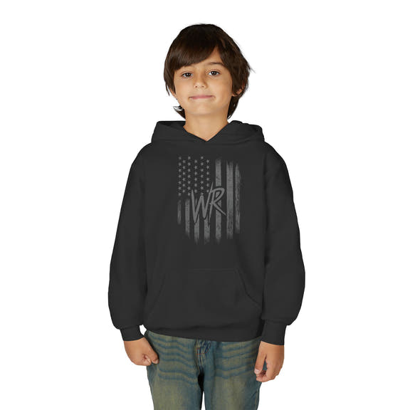 Youth Hoodie Distressed American Flag with Initials 'WR' - Wicked & Riled Clothing