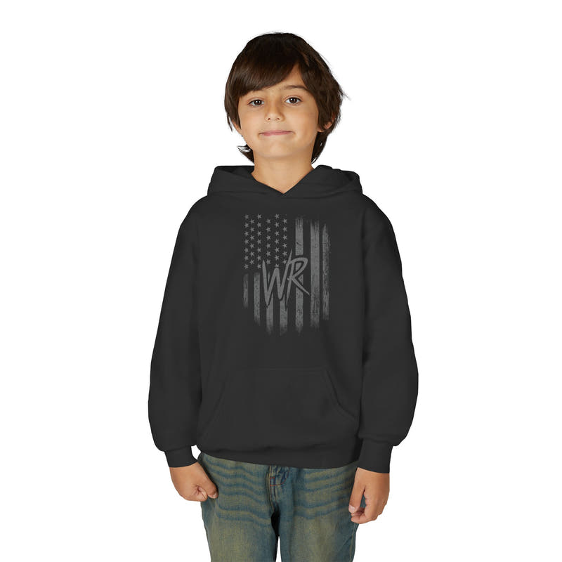 Youth Hoodie Distressed American Flag with Initials 'WR' - Wicked & Riled Clothing