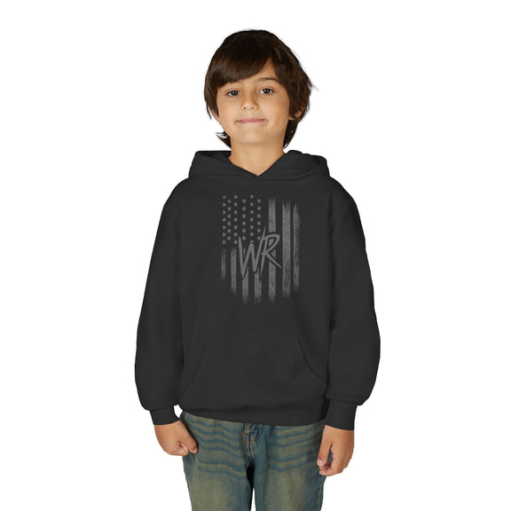 Youth Hoodie Distressed American Flag with Initials 'WR' - Wicked & Riled Clothing