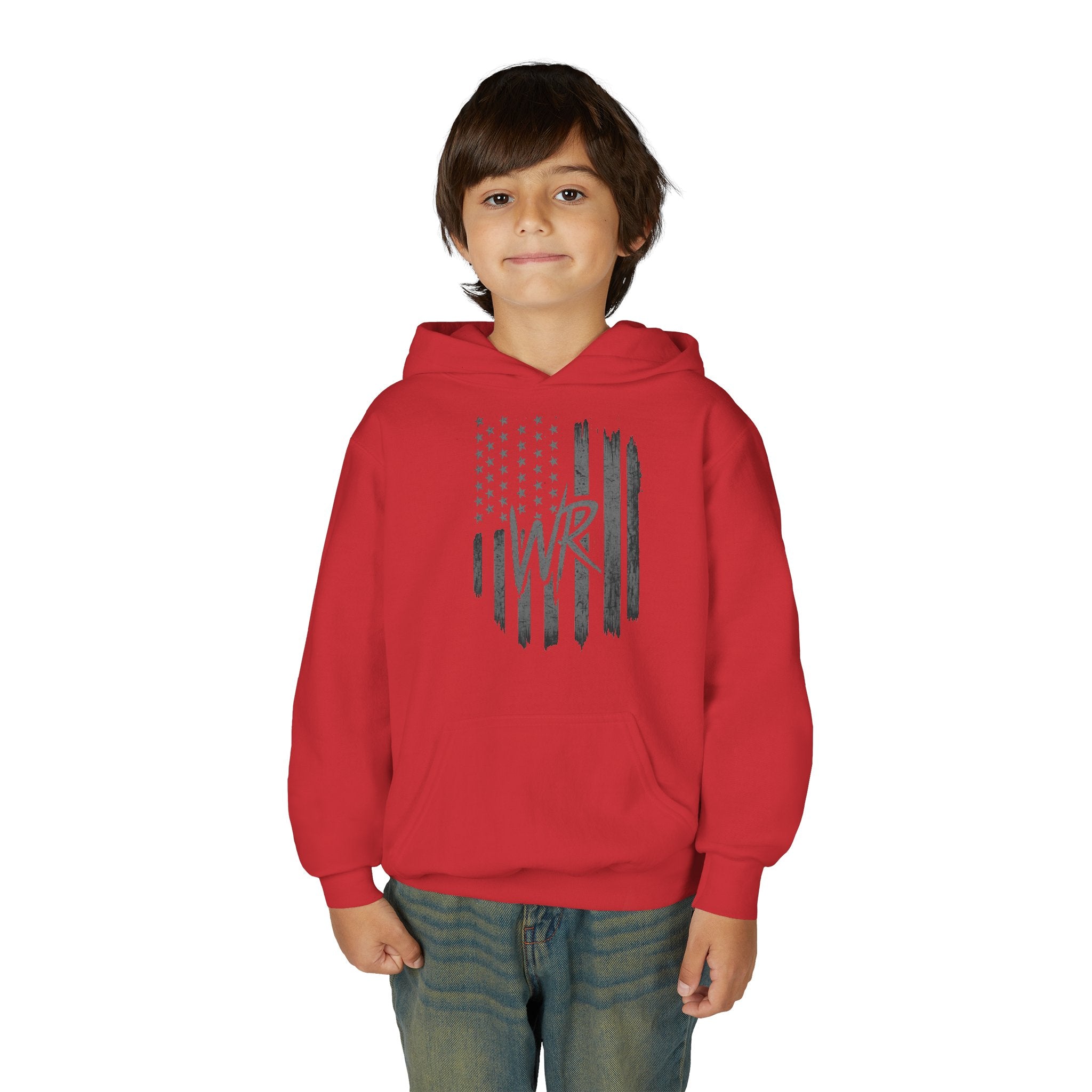 Youth Hoodie Distressed American Flag with Initials 'WR' - Wicked & Riled Clothing