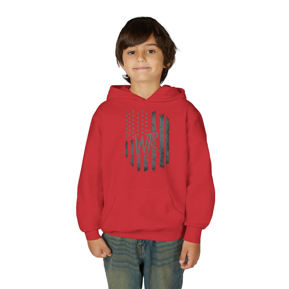 Youth Hoodie Distressed American Flag with Initials 'WR' - Wicked & Riled Clothing