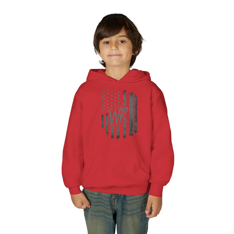 Youth Hoodie Distressed American Flag with Initials 'WR' - Wicked & Riled Clothing