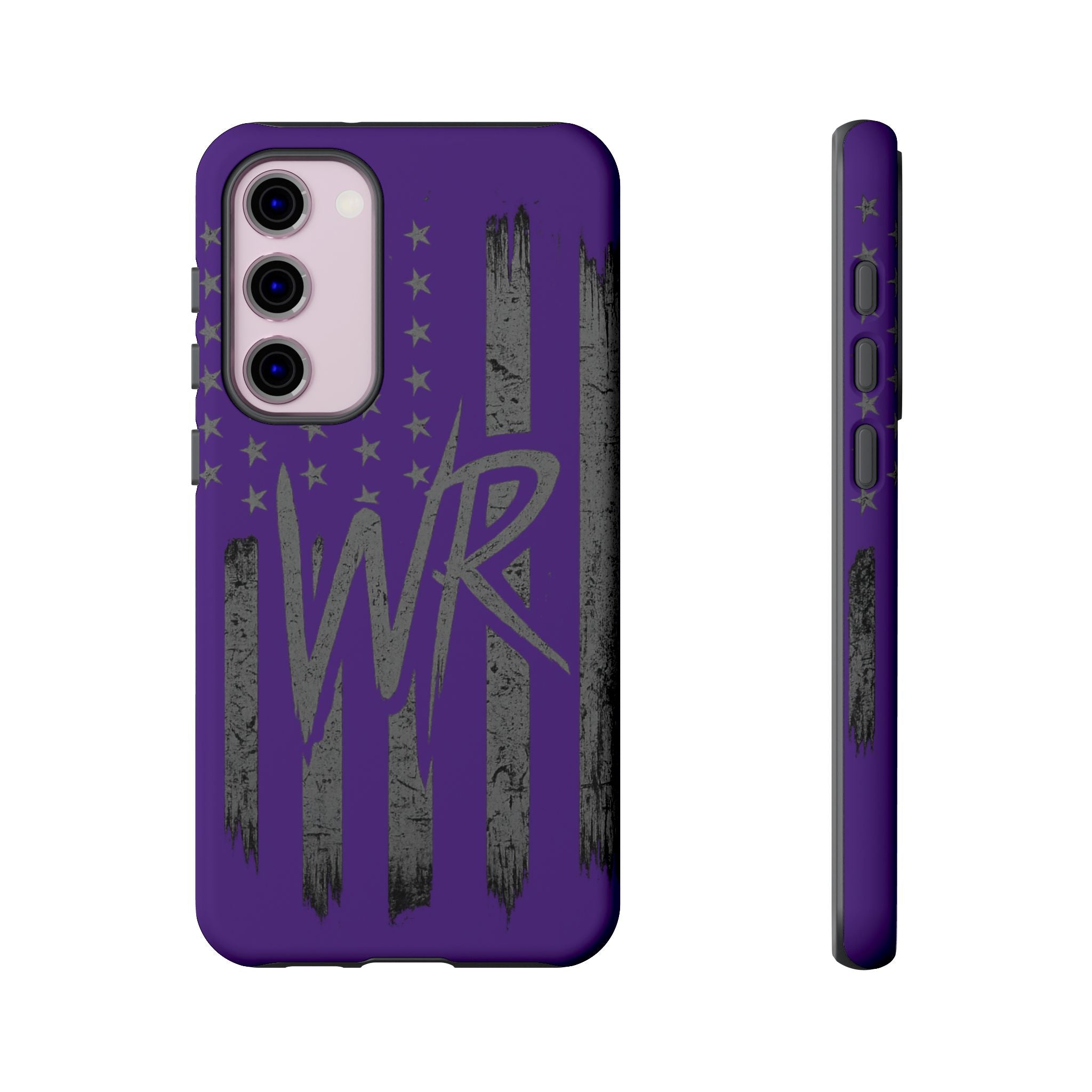 Purple 'WR' Flag Tough Phone Case by Printify, showcasing a durable design with a vibrant flag pattern.