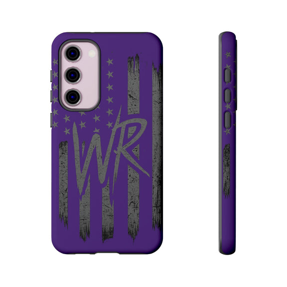 Purple 'WR' Flag Tough Phone Case by Printify, showcasing a durable design with a vibrant flag pattern.