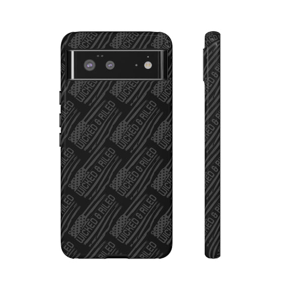 Rugged black protective phone case by Printify featuring a textured TOUGH CASES design.