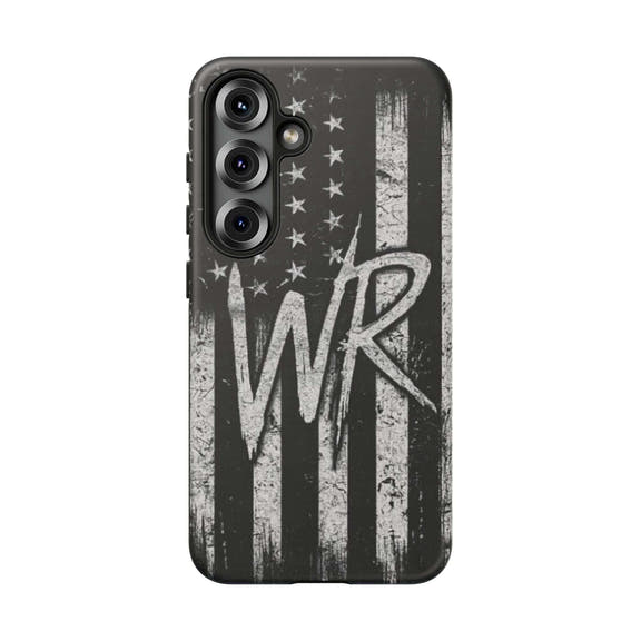 Patriotic monogram tough phone case featuring a distressed American flag design with the initials WR.