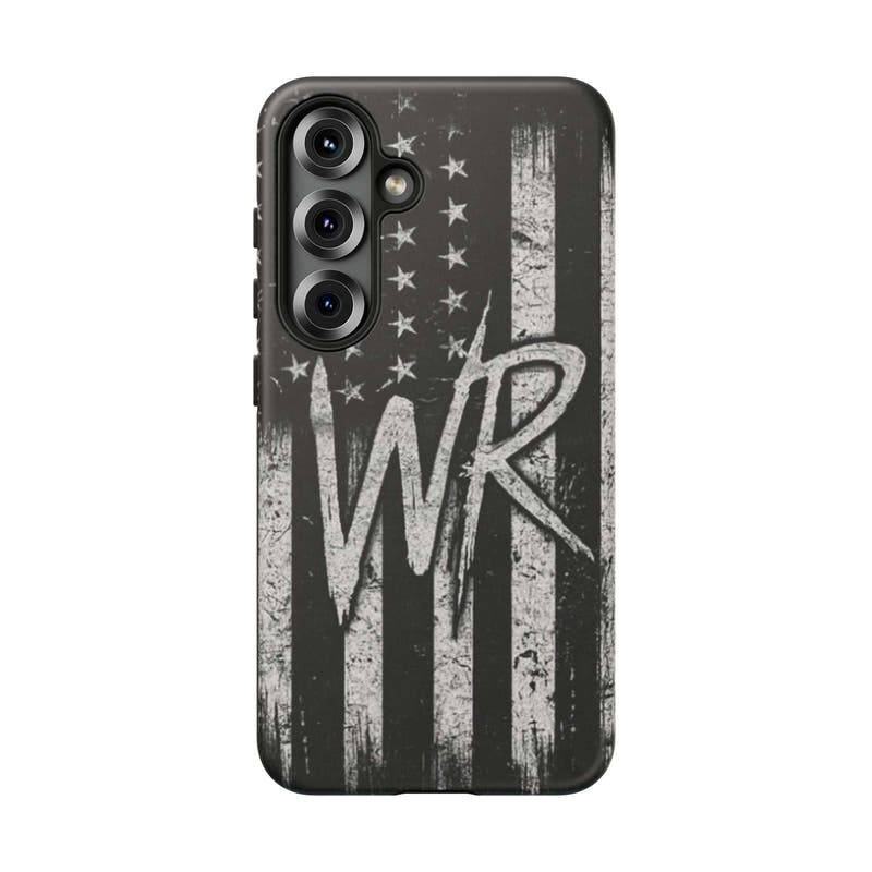 Patriotic monogram tough phone case featuring a distressed American flag design with the initials WR.