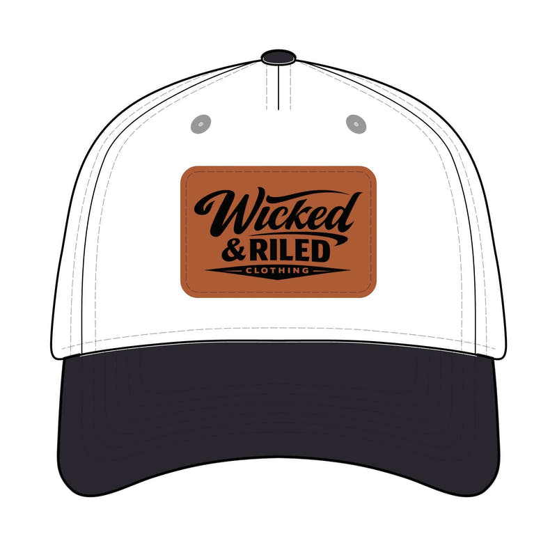 Wicked & Riled leather patch baseball cap featuring a distressed American flag logo.