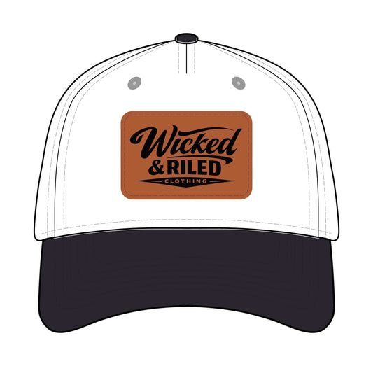 Wicked & Riled leather patch baseball cap featuring a distressed American flag logo.