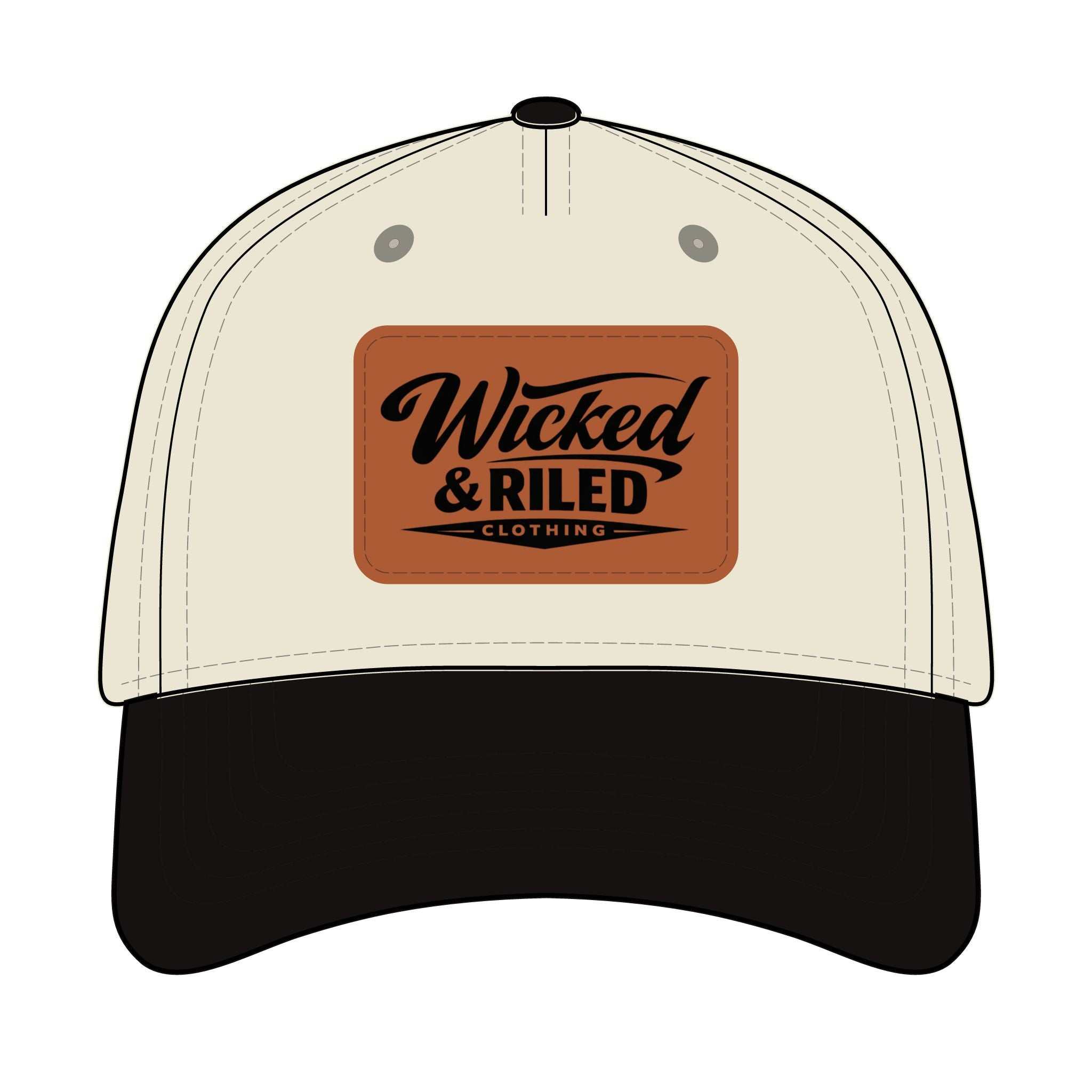 Wicked & Riled leather patch baseball cap featuring a distressed American flag logo on a dark background.
