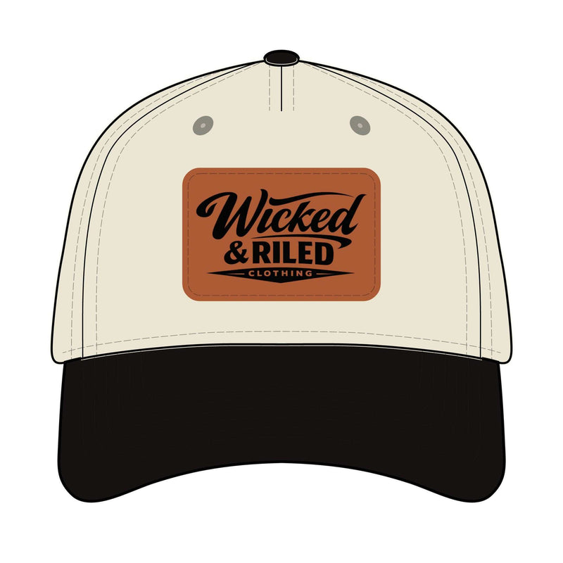 Wicked & Riled leather patch baseball cap featuring a distressed American flag logo on a dark background.