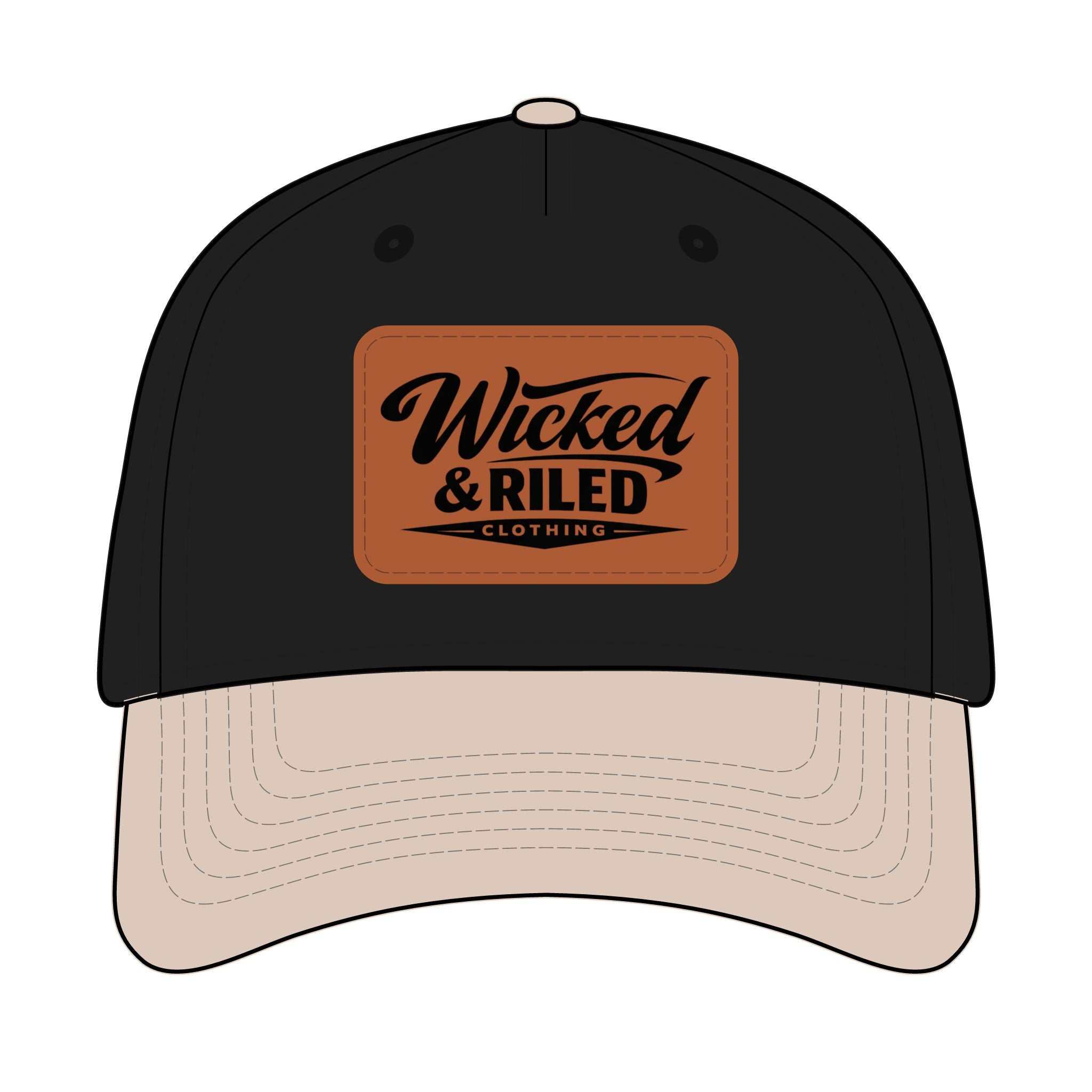 Wicked & Riled leather patch baseball cap featuring a distressed American flag logo on a dark background.