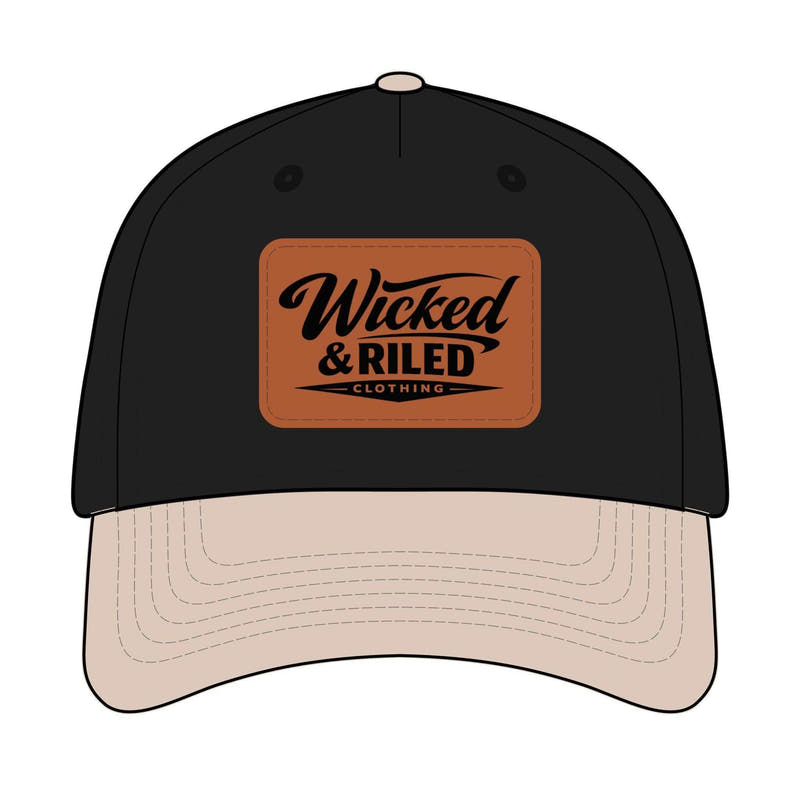 Wicked & Riled leather patch baseball cap featuring a distressed American flag logo on a dark background.