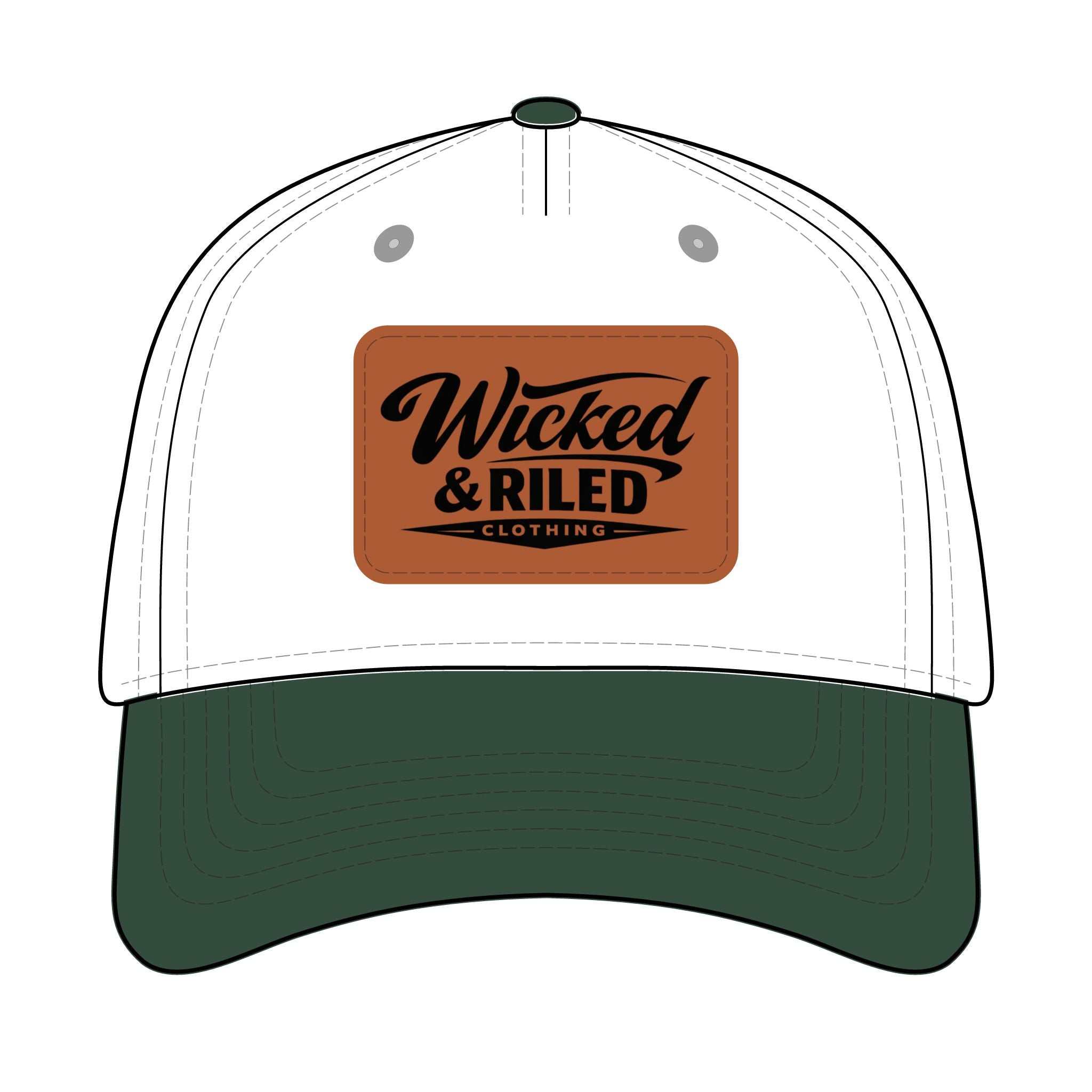 Wicked & Riled distressed leather patch baseball cap featuring American flag logo on a dark background.