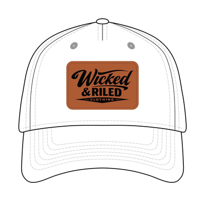 Distressed leather patch baseball cap featuring an American flag logo by Printify.