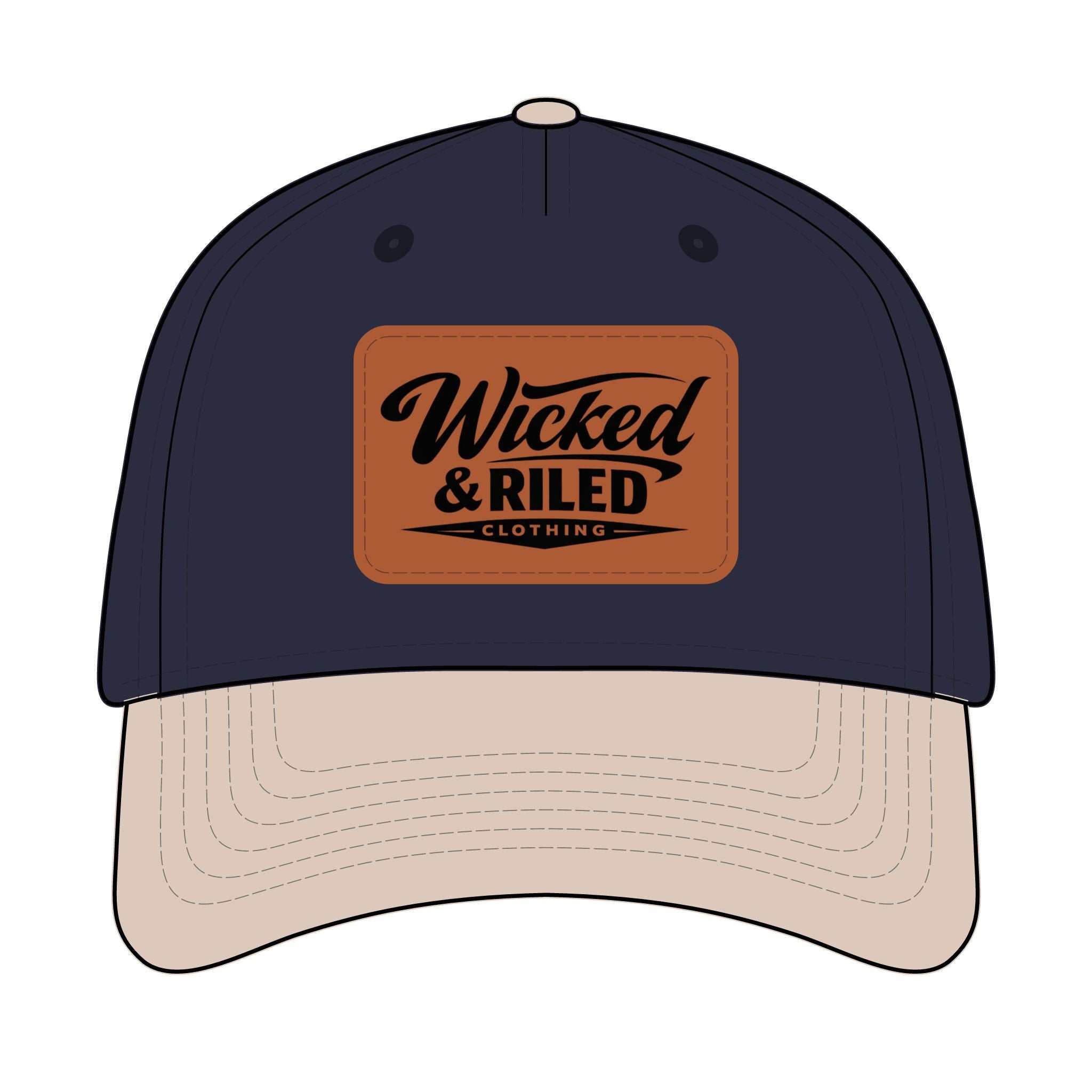 Wicked & Riled leather patch baseball cap featuring a distressed American flag logo on a classic hat design.