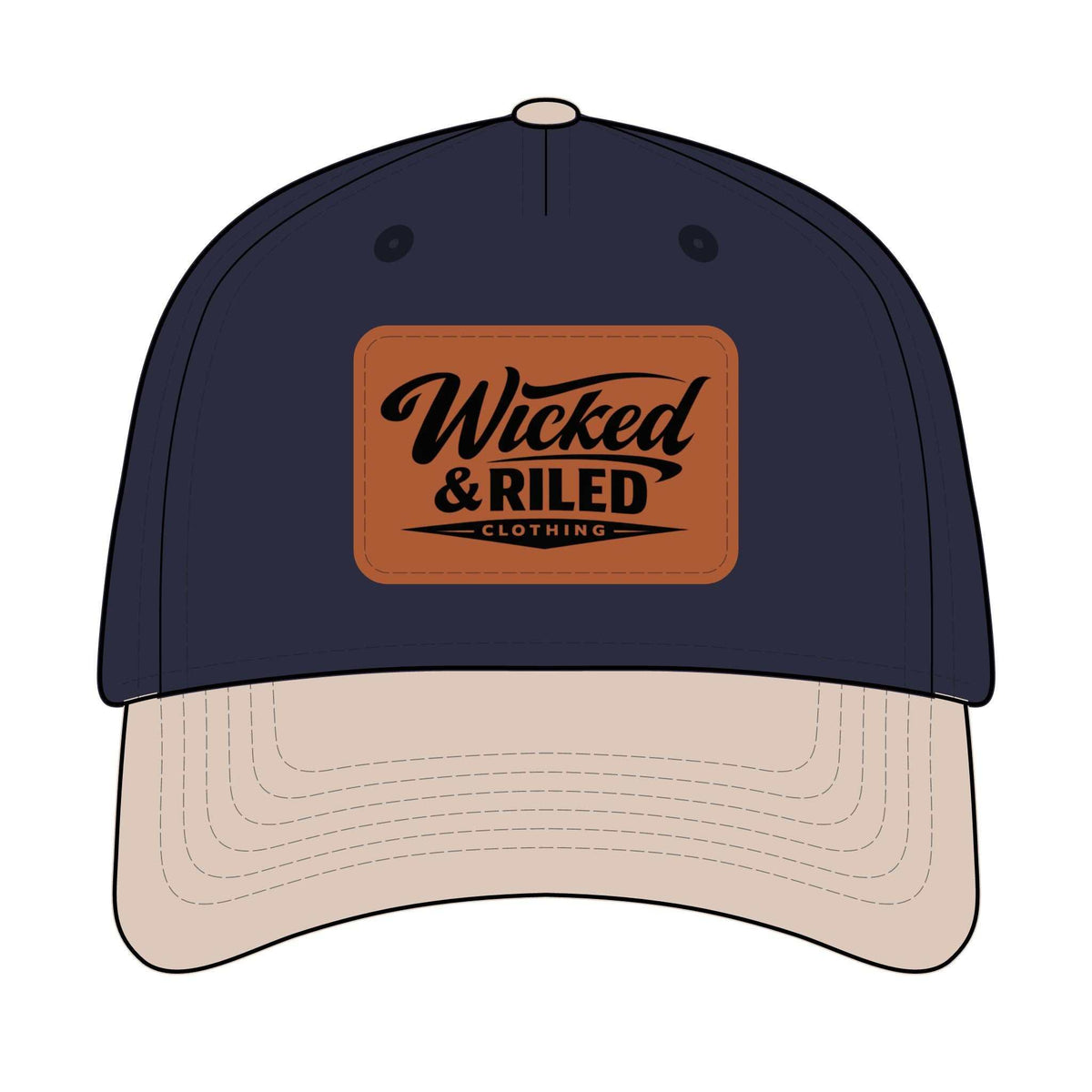 Wicked & Riled leather patch baseball cap featuring a distressed American flag logo on a classic hat design.