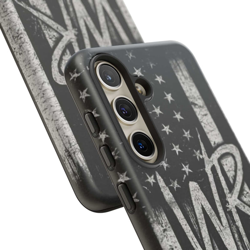 Patriotic monogram tough phone case featuring a distressed American flag design with the initials WR.