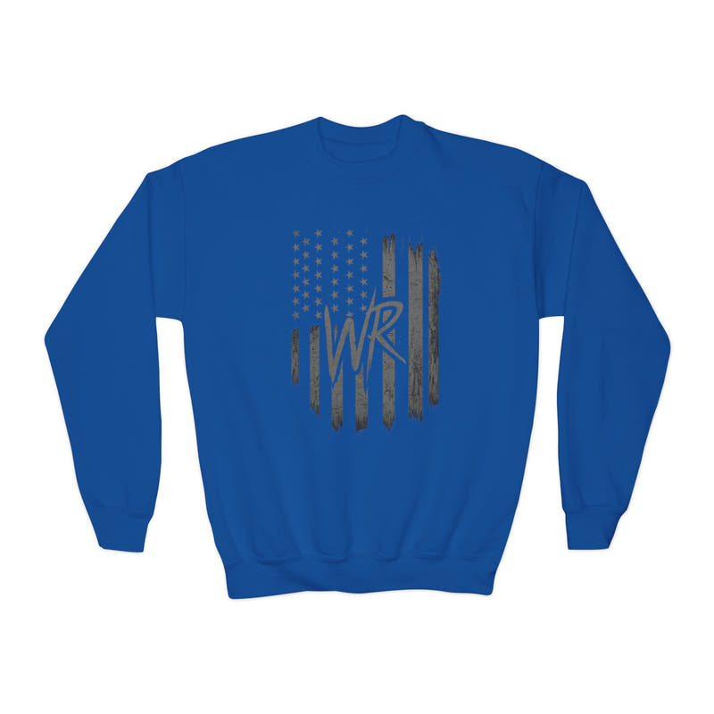 Youth Crewneck Sweatshirt Distressed American Flag with 'WR' Logo - Wicked & Riled Clothing