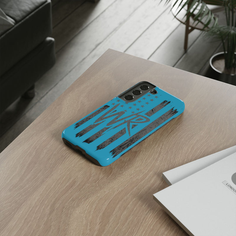 Patriotic blue 'WR' flag phone case by Printify, featuring a durable design and vibrant colors for protection and style.