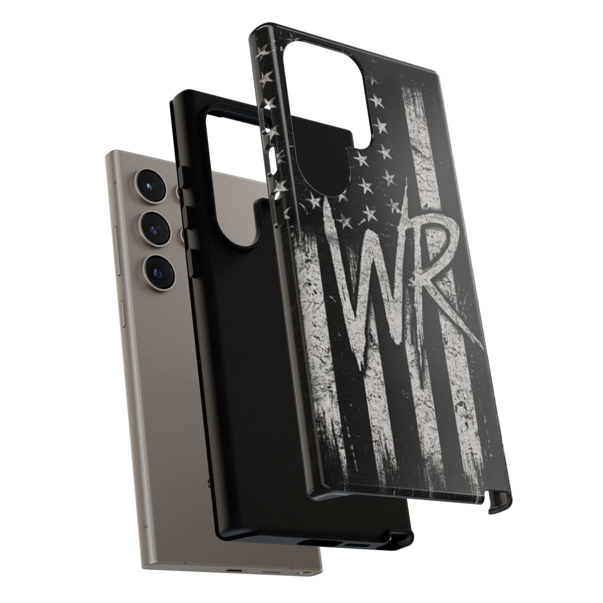 Distressed American flag phone case featuring a patriotic monogram "WR" by Printify.