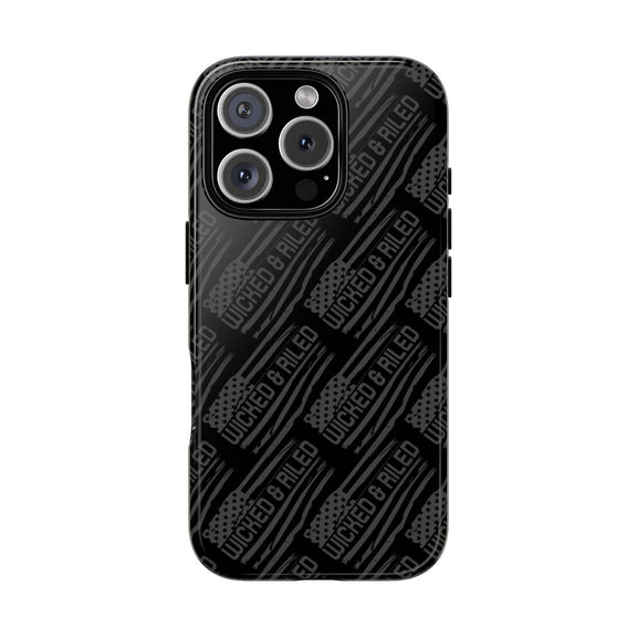 Rugged black protective phone case by Printify featuring a textured "TOUGH CASES" pattern.