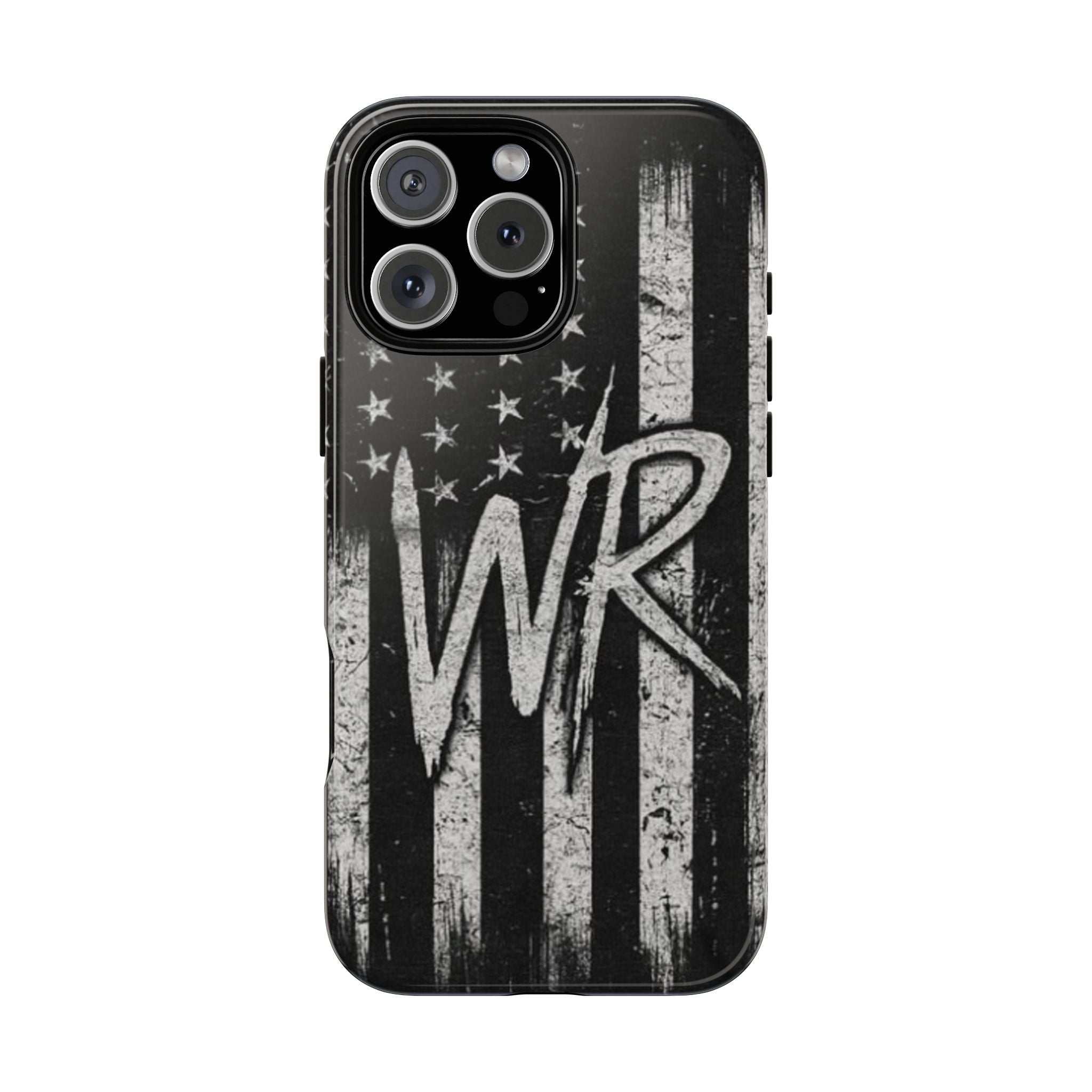 Distressed American flag design on a Patriotic Monogram Tough Phone Case featuring the initials WR by Printify.