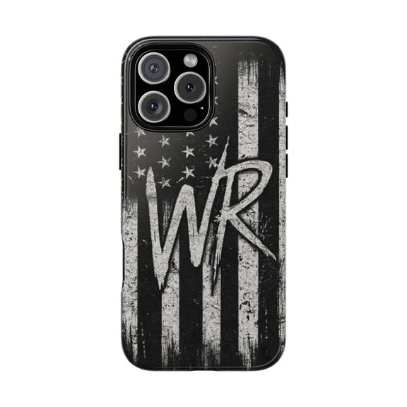 Distressed American flag design on a Patriotic Monogram Tough Phone Case featuring the initials WR by Printify.