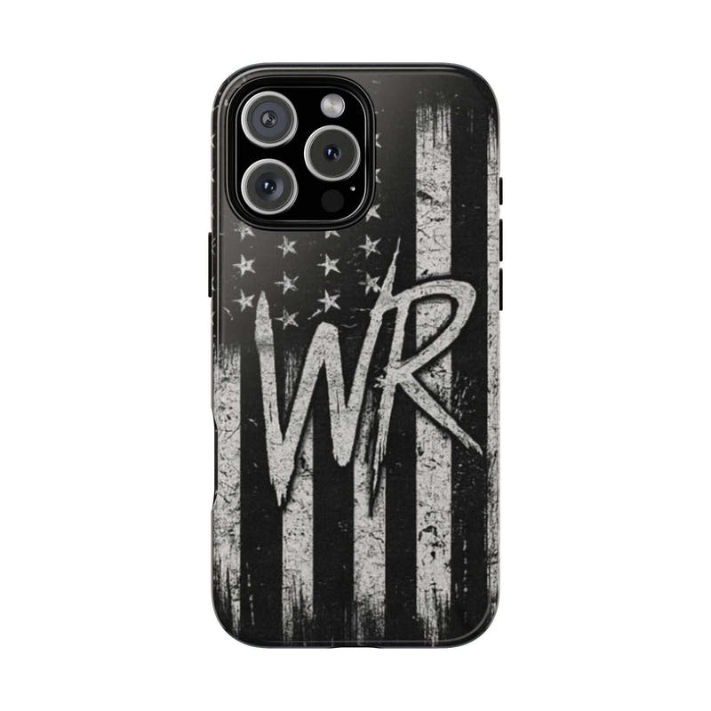 Distressed American flag design on a Patriotic Monogram Tough Phone Case featuring the initials WR by Printify.