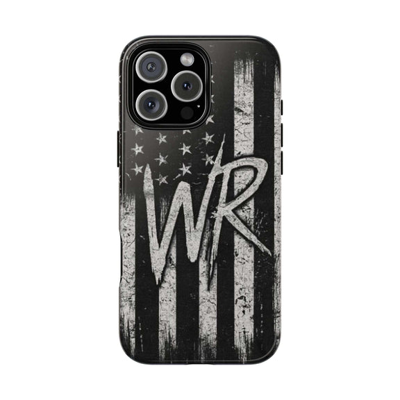 Distressed American flag design on a Patriotic Monogram Tough Phone Case featuring the initials WR by Printify.