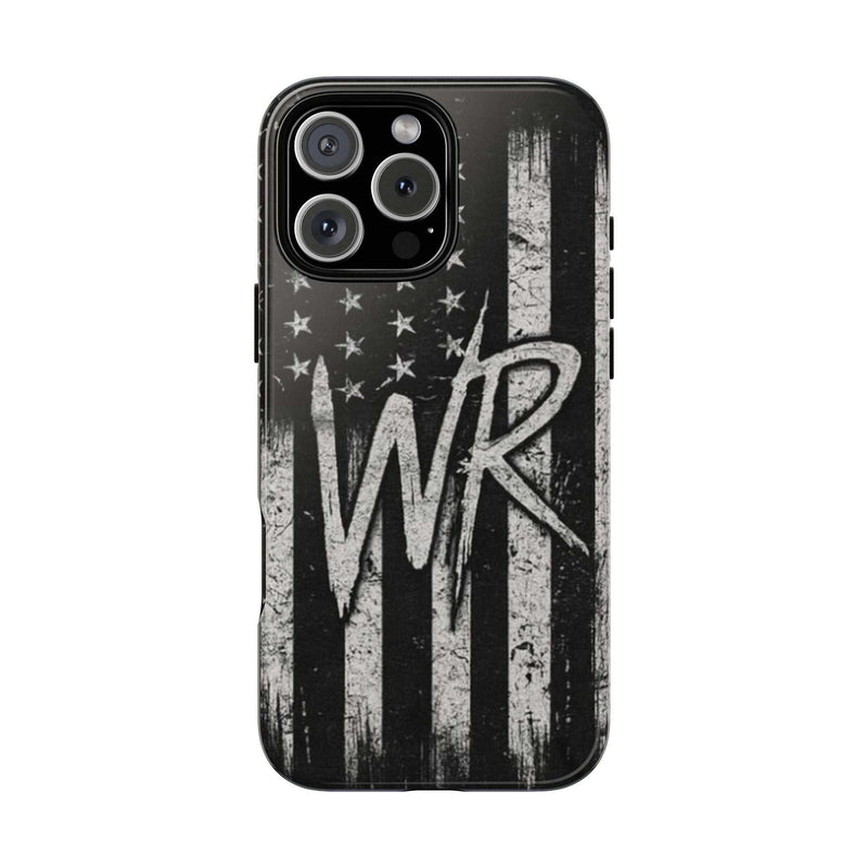 Distressed American flag design on a Patriotic Monogram Tough Phone Case featuring the initials WR by Printify.