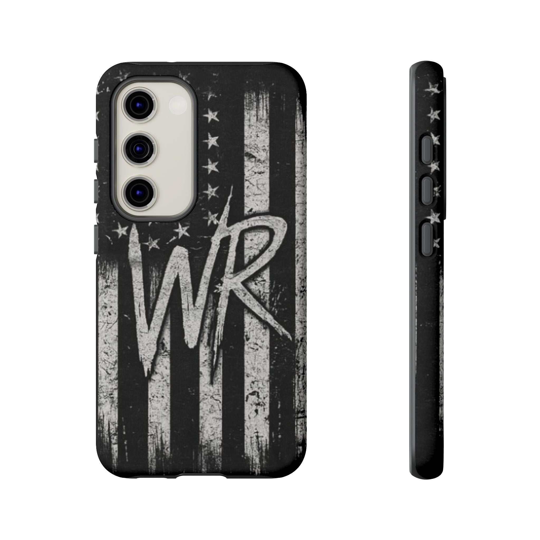 Distressed American flag design on a tough phone case featuring a monogram with the letters WR by Printify.