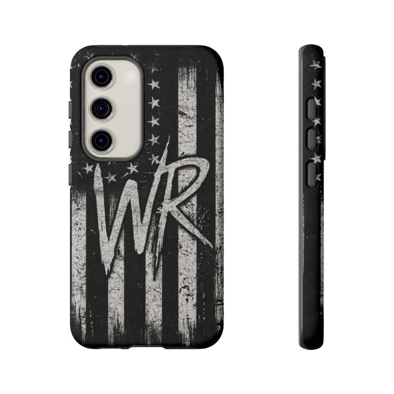 Distressed American flag design on a tough phone case featuring a monogram with the letters WR by Printify.