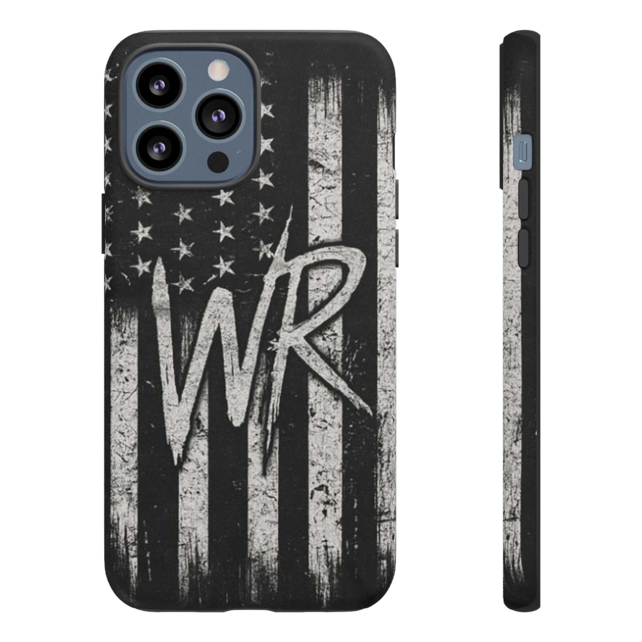Distressed American flag design on a Patriotic Monogram Tough Phone Case featuring the initials WR by Printify.