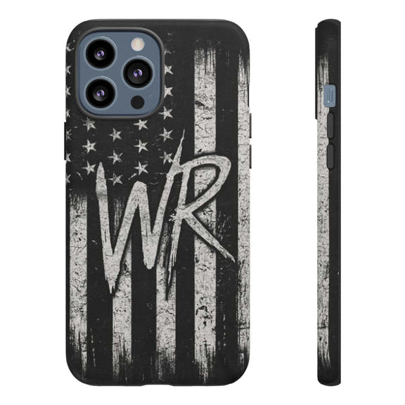 Distressed American flag design on a Patriotic Monogram Tough Phone Case featuring the initials WR by Printify.