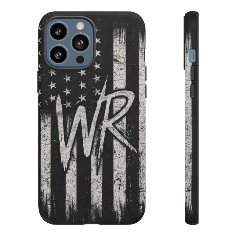 Distressed American flag design on a Patriotic Monogram Tough Phone Case featuring the initials WR by Printify.