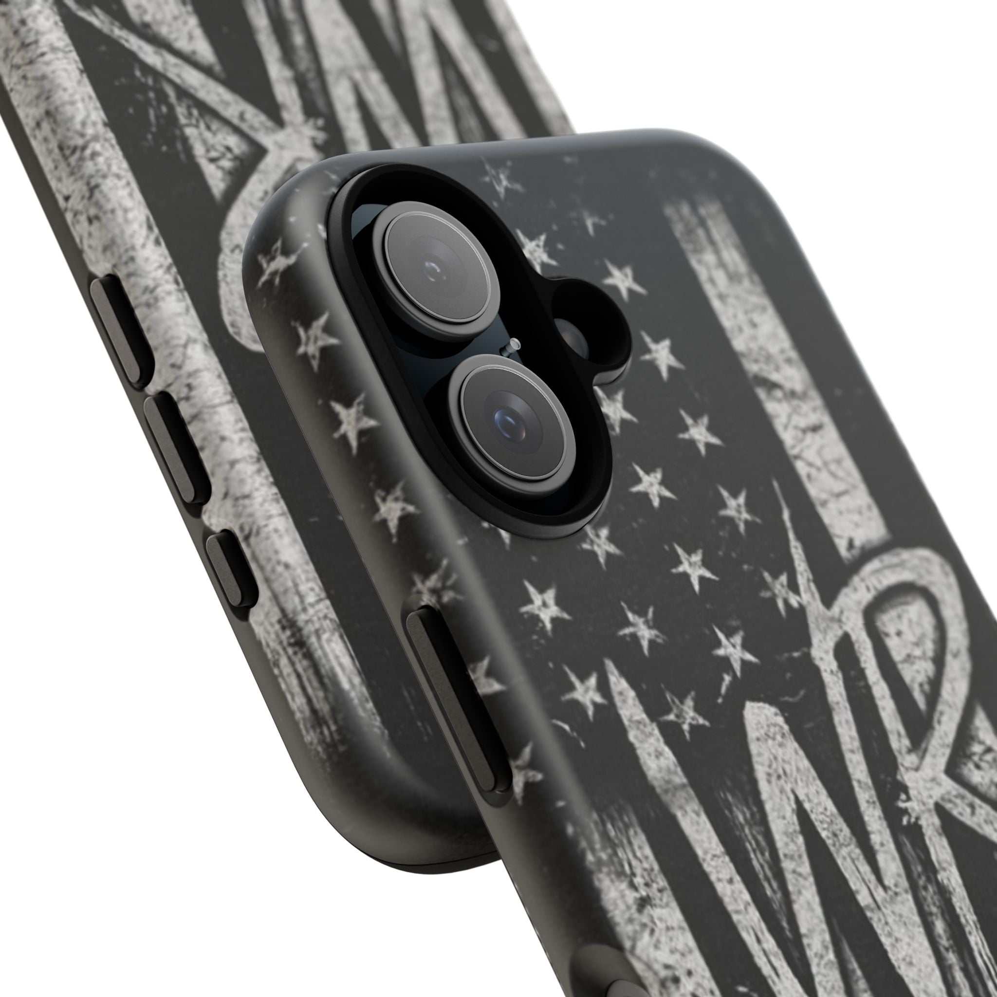Patriotic monogram tough phone case featuring a distressed American flag design with initials WR by Printify.