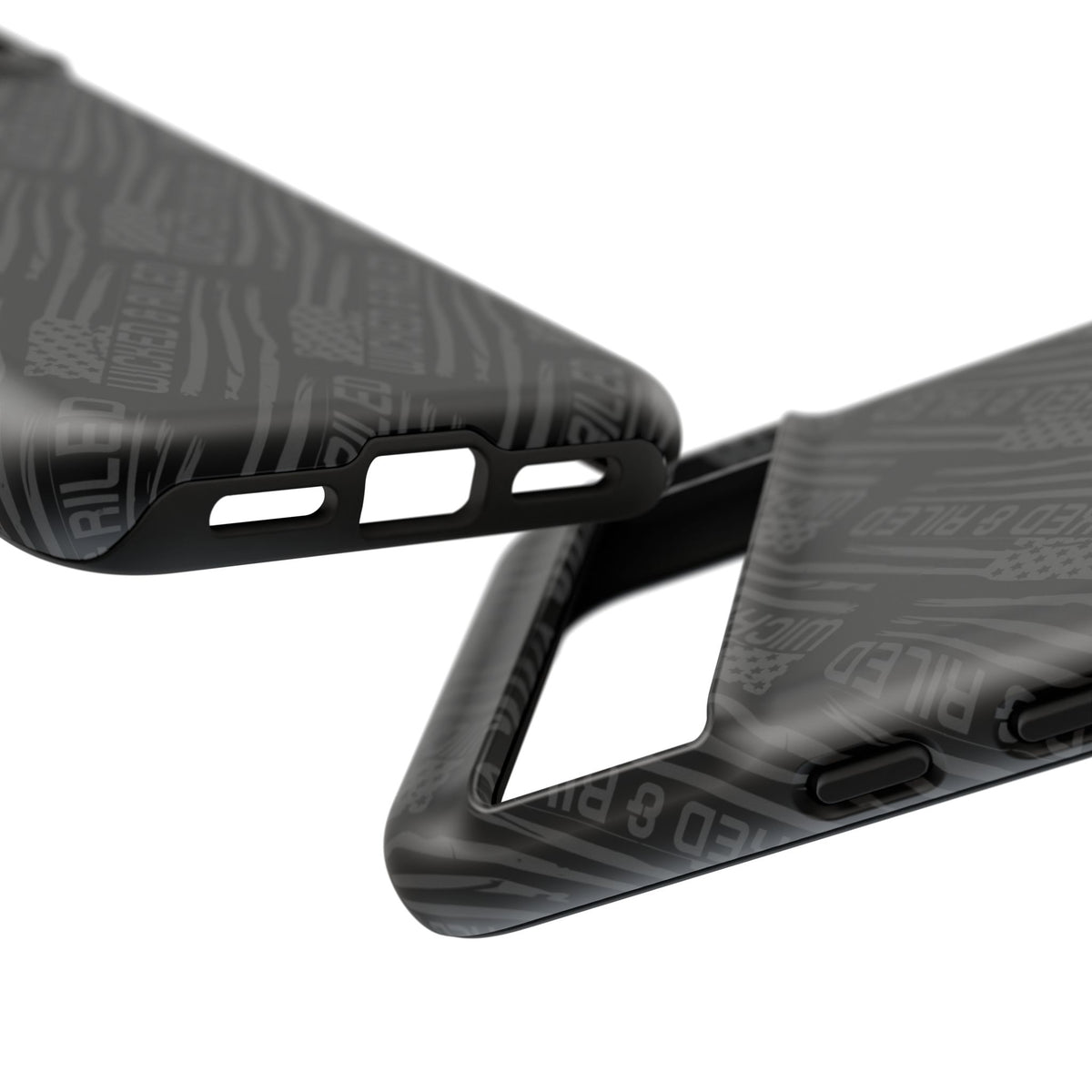 Rugged black protective phone case by Printify with a textured TOUGH CASES pattern, designed for durability and style.