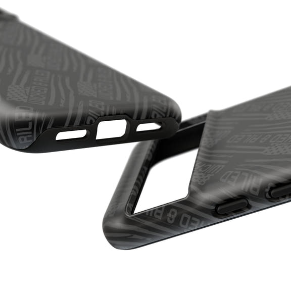Rugged black protective phone case by Printify with a textured TOUGH CASES pattern, designed for durability and style.