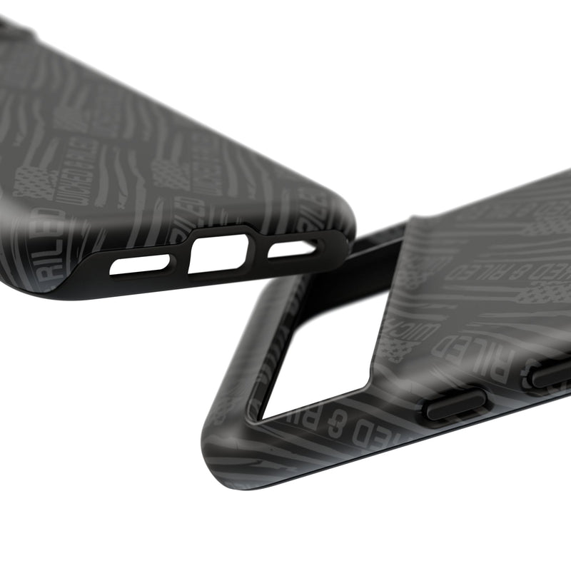 Rugged black protective phone case by Printify with a textured TOUGH CASES pattern, designed for durability and style.