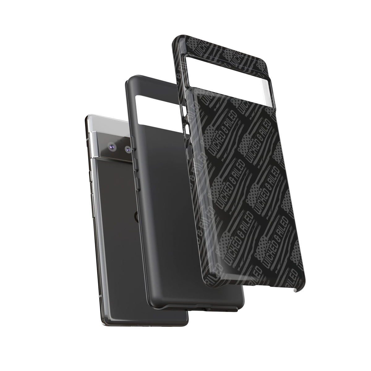 Rugged black protective phone case by Printify, featuring a textured 'TOUGH CASES' pattern for added grip.