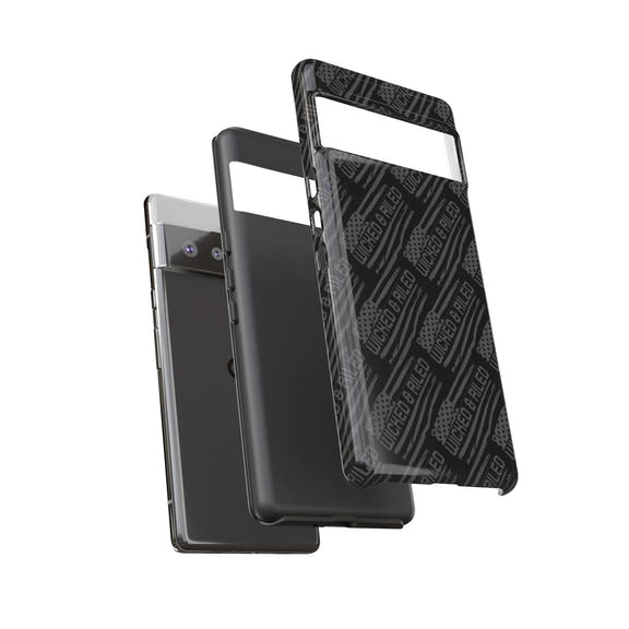 Rugged black protective phone case by Printify, featuring a textured 'TOUGH CASES' pattern for added grip.