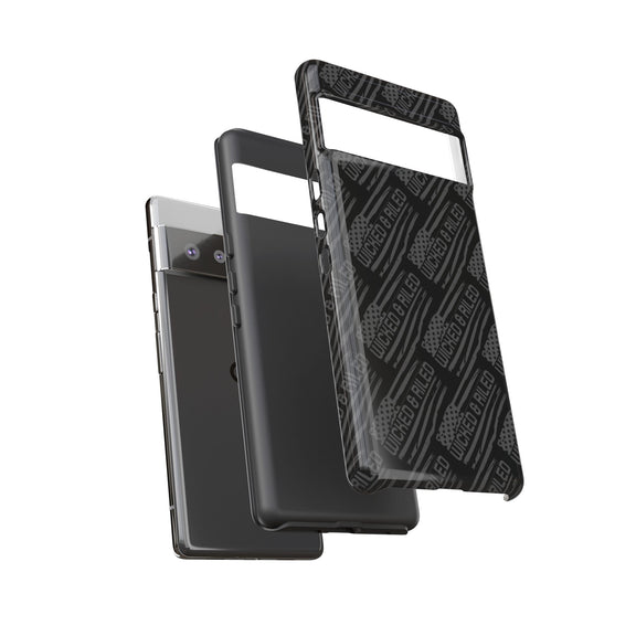 Rugged black protective phone case by Printify, featuring a textured 'TOUGH CASES' pattern for added grip.
