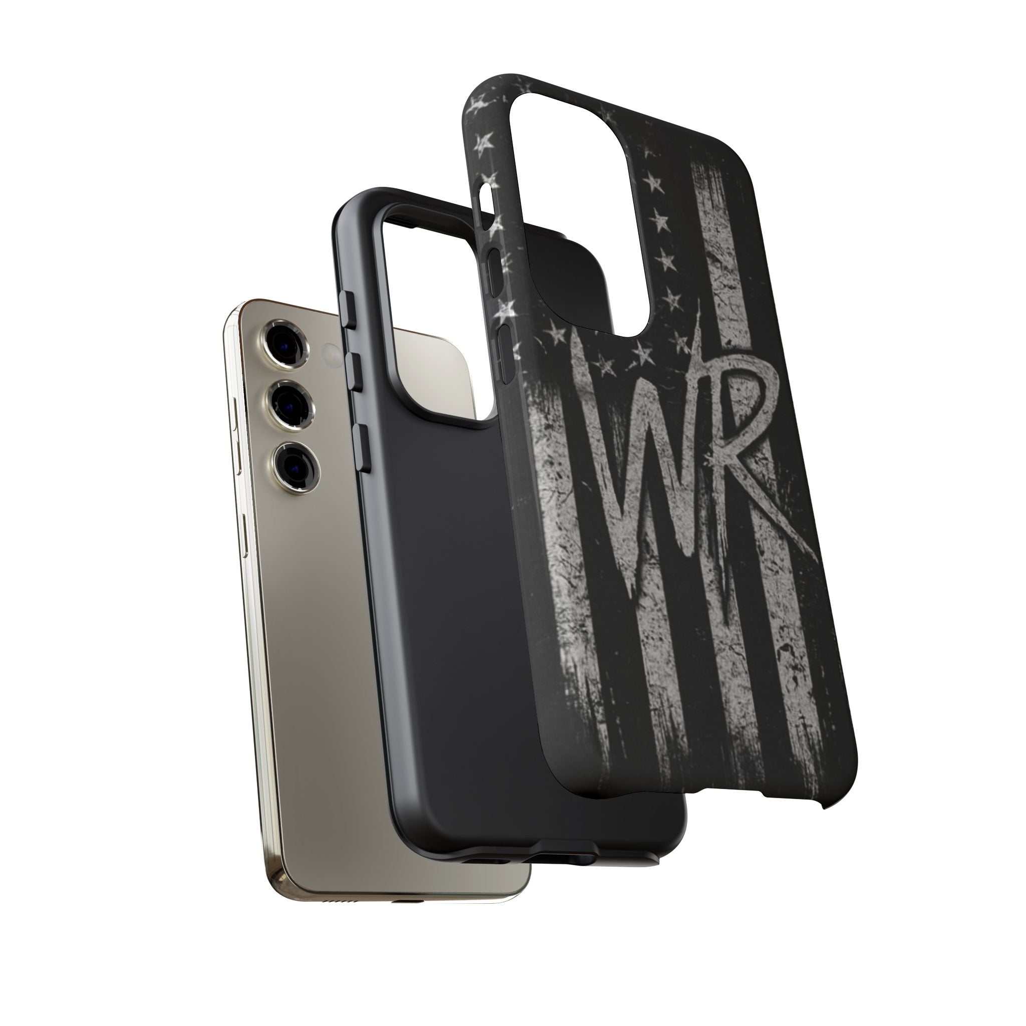 Distressed American flag design on a tough phone case featuring a monogram with WR by Printify.