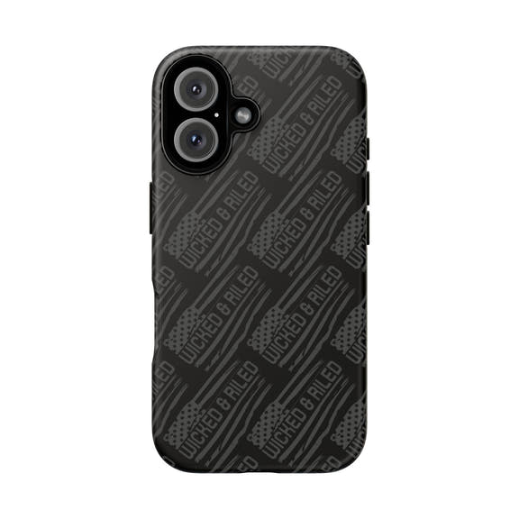 Rugged black protective phone case by Printify featuring a textured TOUGH CASES pattern for enhanced grip and durability.