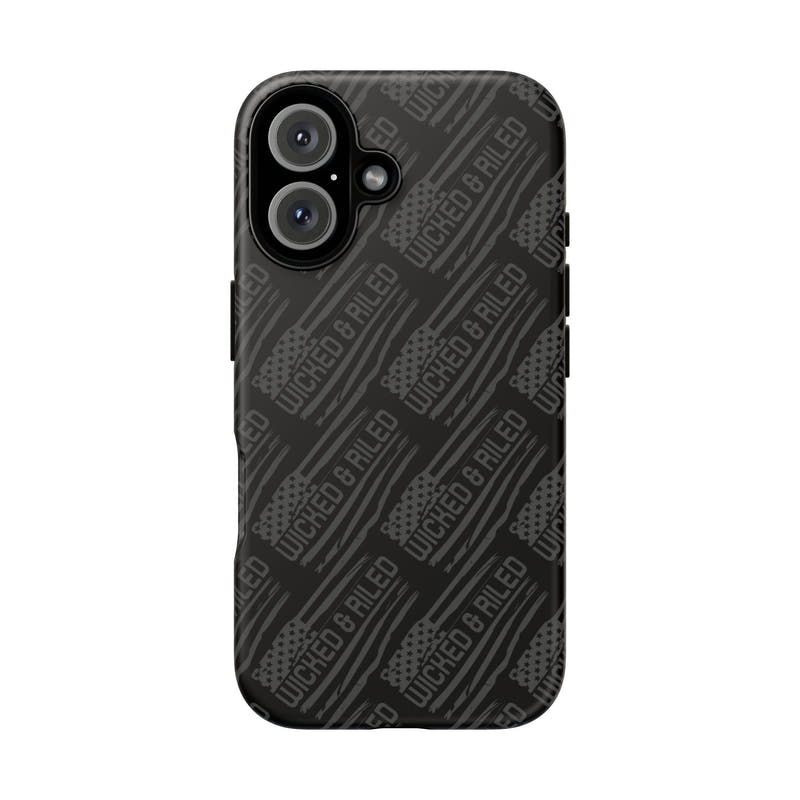 Rugged black protective phone case by Printify featuring a textured TOUGH CASES pattern for enhanced grip and durability.