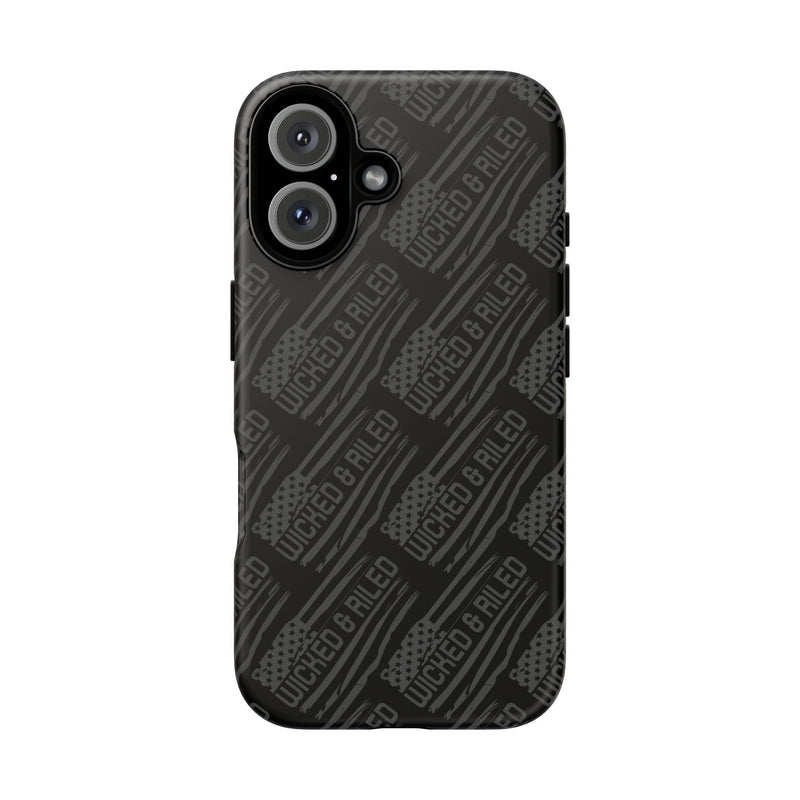 Rugged black protective phone case by Printify featuring a textured TOUGH CASES pattern for enhanced grip and durability.
